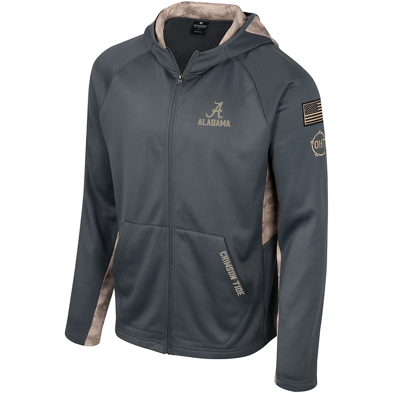 Sweat à capuche entièrement zippé Colosseum Charcoal Alabama Crimson Tide OHT Military Appreciation Camo Raglan pour hommes