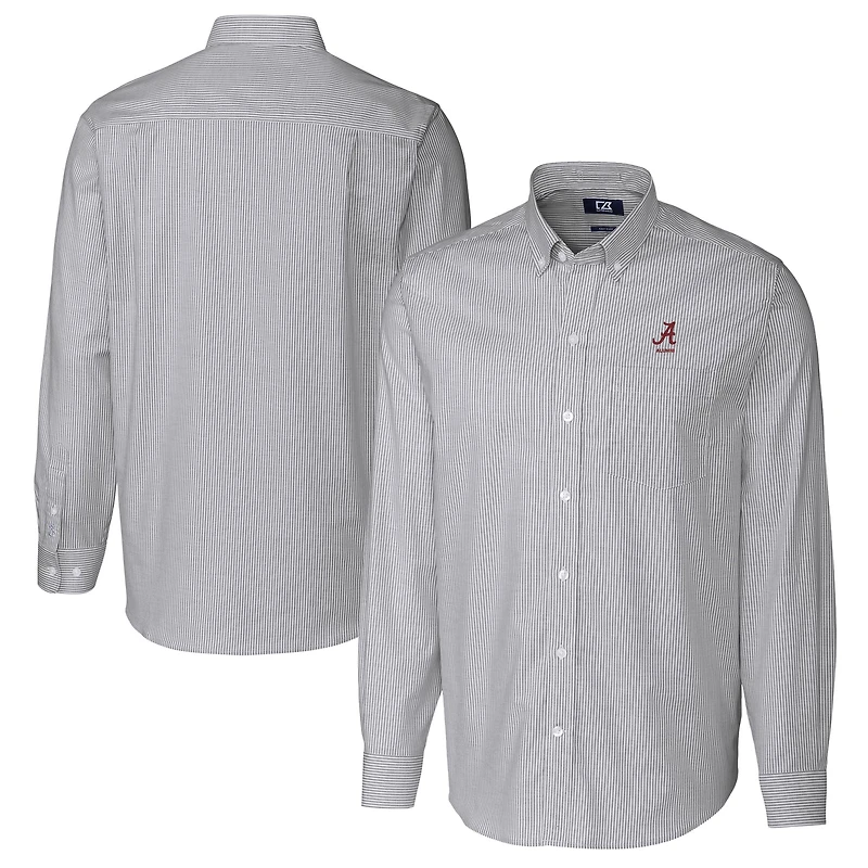 Chemise à manches longues boutonnée Cutter & Buck Charcoal Alabama Crimson Tide pour homme, rayures Oxford stretch et logo des anciens élèves
