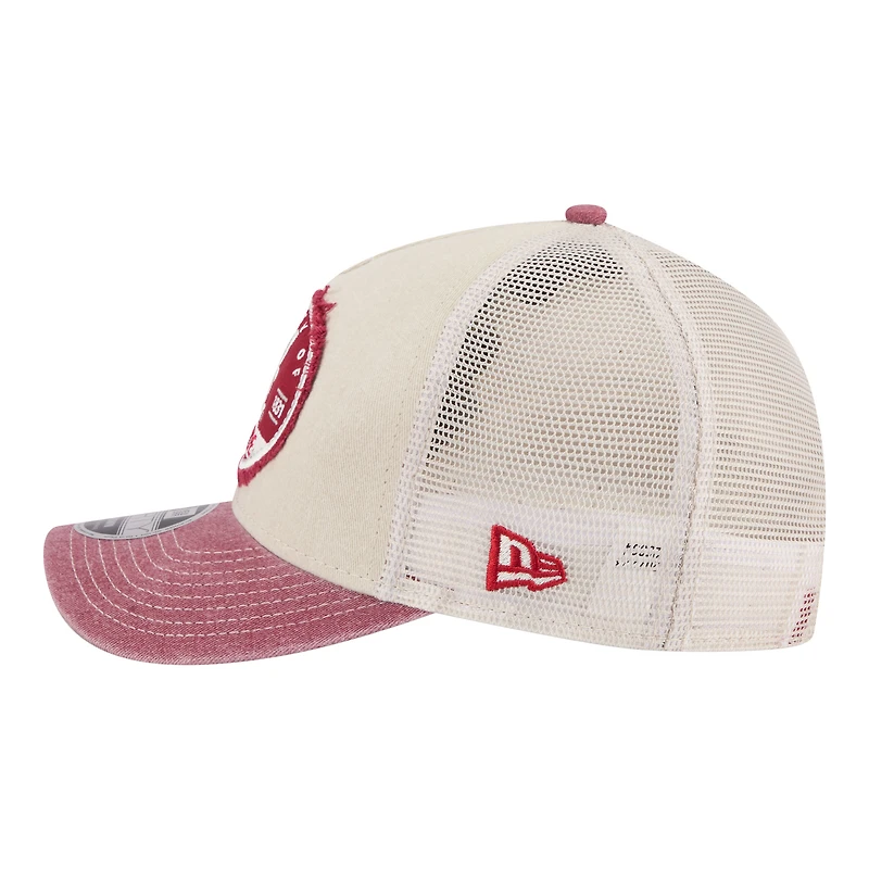 Men's New Era Stone/Crimson Alabama Crimson Tide Frayed Patch 9FORTY M-Crown A-Frame Trucker Adjustable Hat