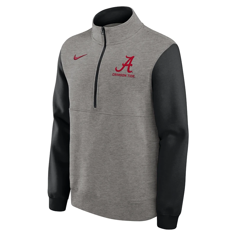 Pull en molleton Nike Alabama Crimson Tide Club à demi-zip pour homme, gris chiné/noir
