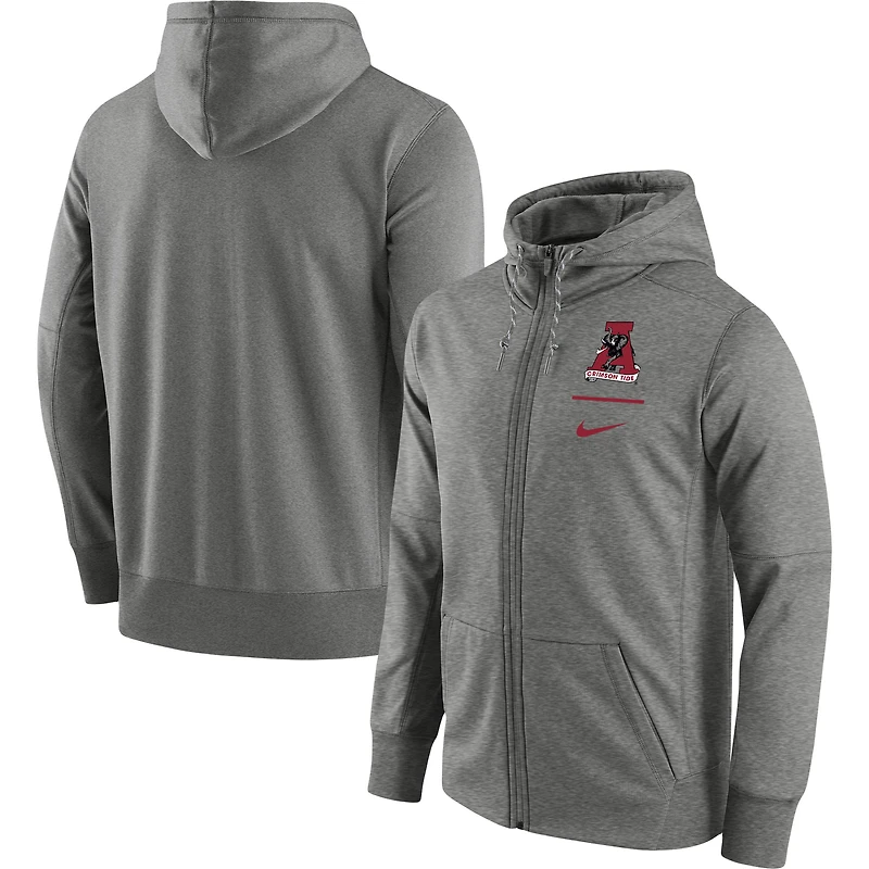 Sweat à capuche entièrement zippé Nike Alabama Crimson Tide Throwback Primary Logo Stack Performance pour homme, gris chiné