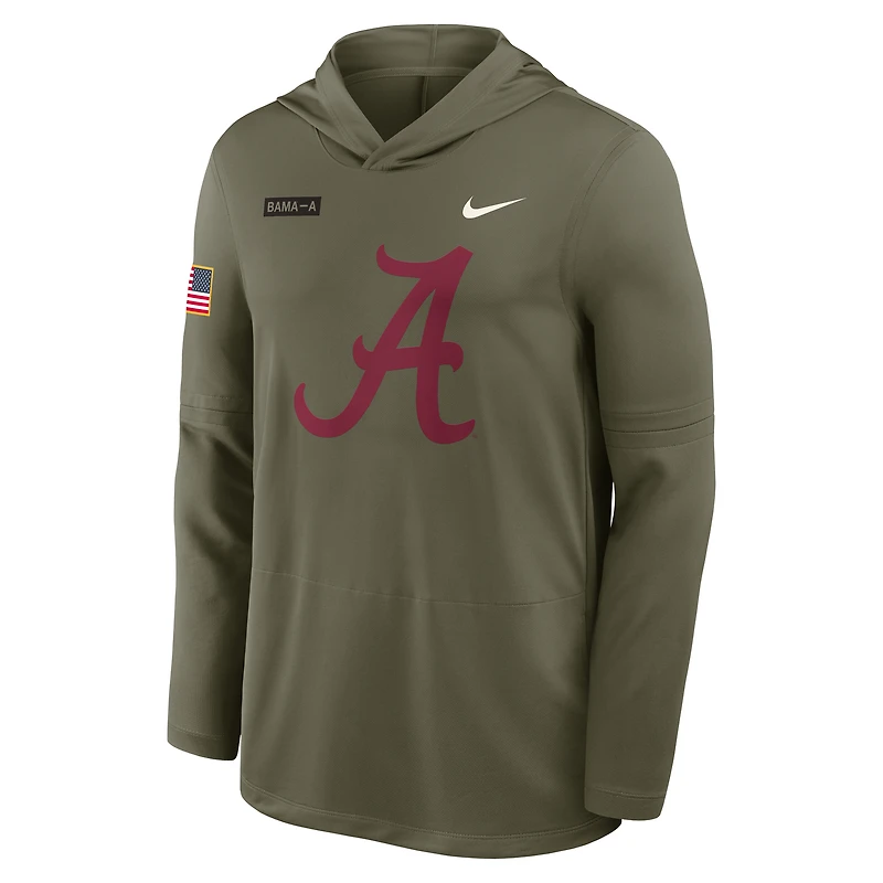 Men's Nike Olive Alabama Crimson Tide 2025 Military Appreciation Dri-FIT Long Sleeve Hoodie T-Shirt