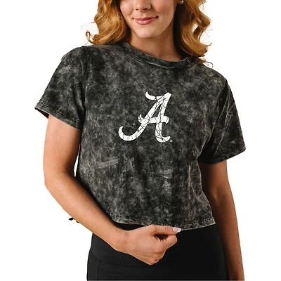 T-shirt court en soie laiteuse Alabama Crimson Tide noir délavé vintage pour femme