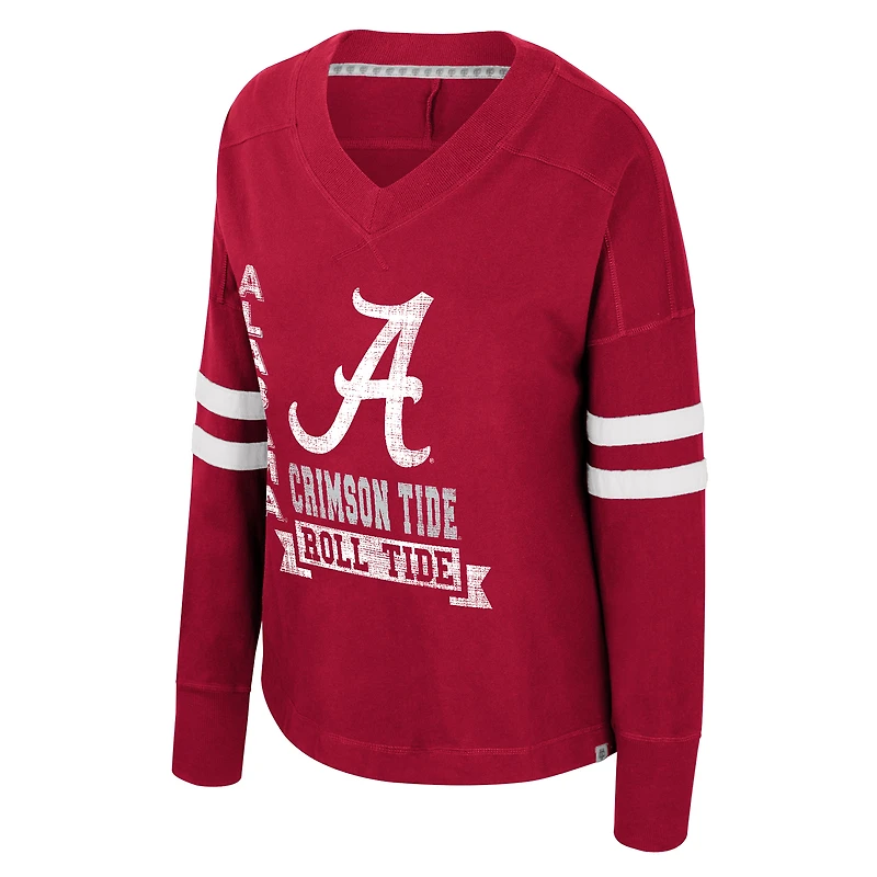 Women's Colosseum  Crimson Alabama Tide Oversized Violet Distressed V-Neck Long Sleeve T-Shirt