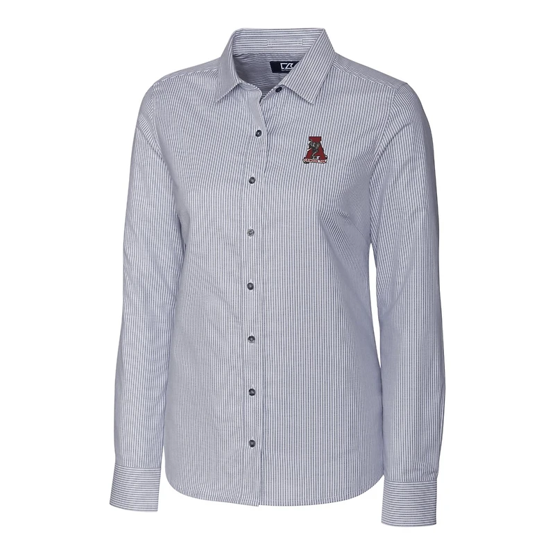 Chemise boutonnée à manches longues et extensible rayures Oxford pour femme, couleur anthracite, Alabama Crimson Tide, Cutter & Buck