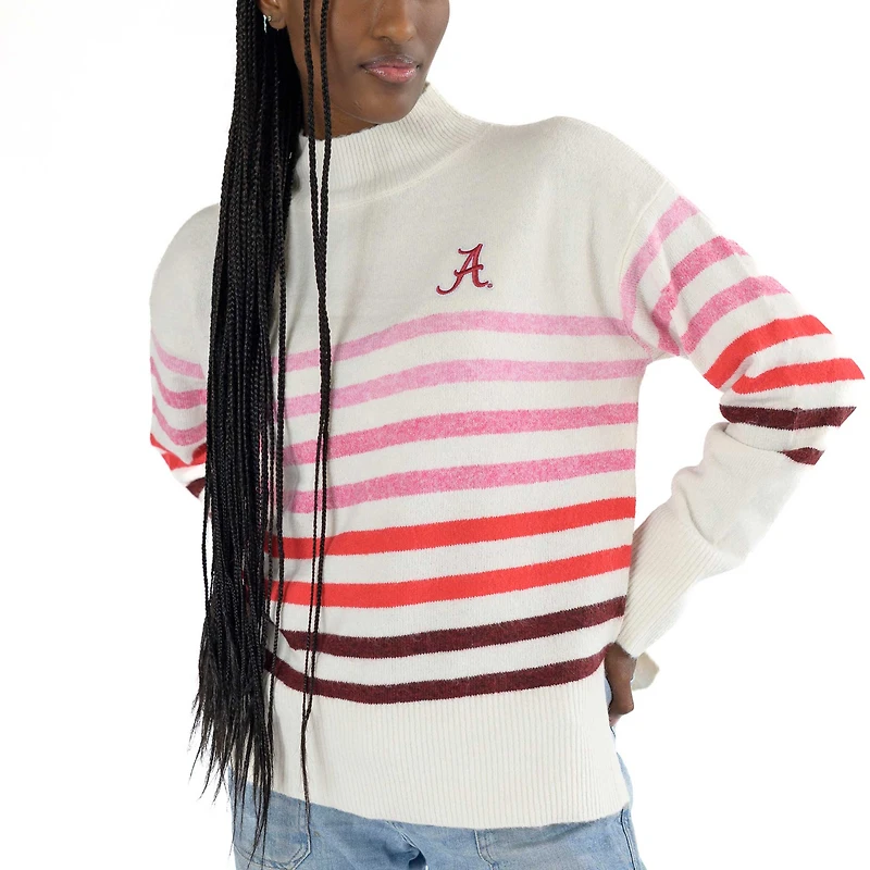 Women's Lusso White Alabama Crimson Tide Simone Striple Mock Neck Oversized Pullover Sweater