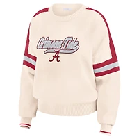 Women's WEAR by Erin Andrews  Cream Alabama Crimson Tide Chenille Woven Patch Stripe Pullover Sweater