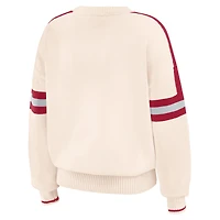 Women's WEAR by Erin Andrews  Cream Alabama Crimson Tide Chenille Woven Patch Stripe Pullover Sweater