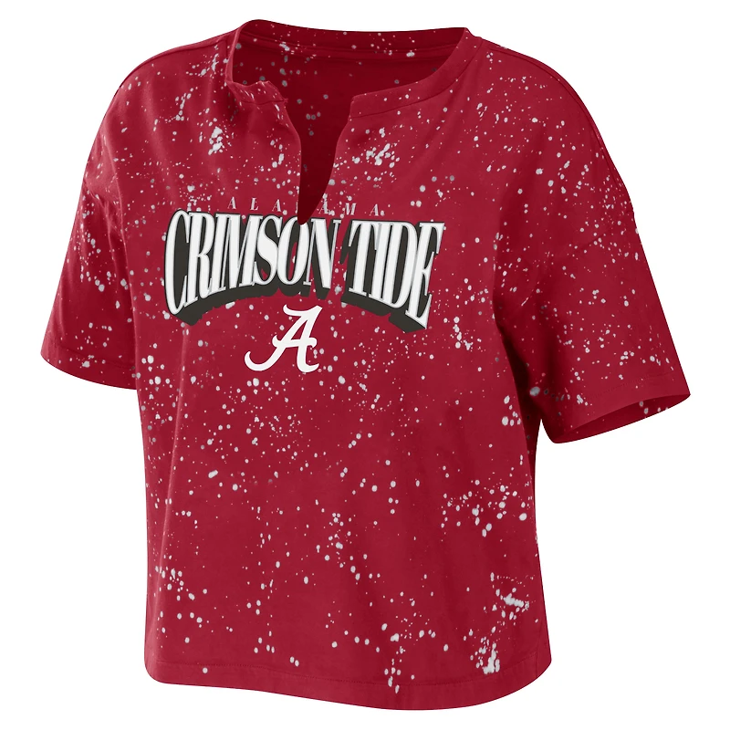 Women's WEAR by Erin Andrews Crimson Alabama Tide Bleach Wash Splatter Cropped Notch Neck T-Shirt