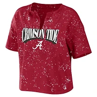 Women's WEAR by Erin Andrews Crimson Alabama Tide Bleach Wash Splatter Cropped Notch Neck T-Shirt