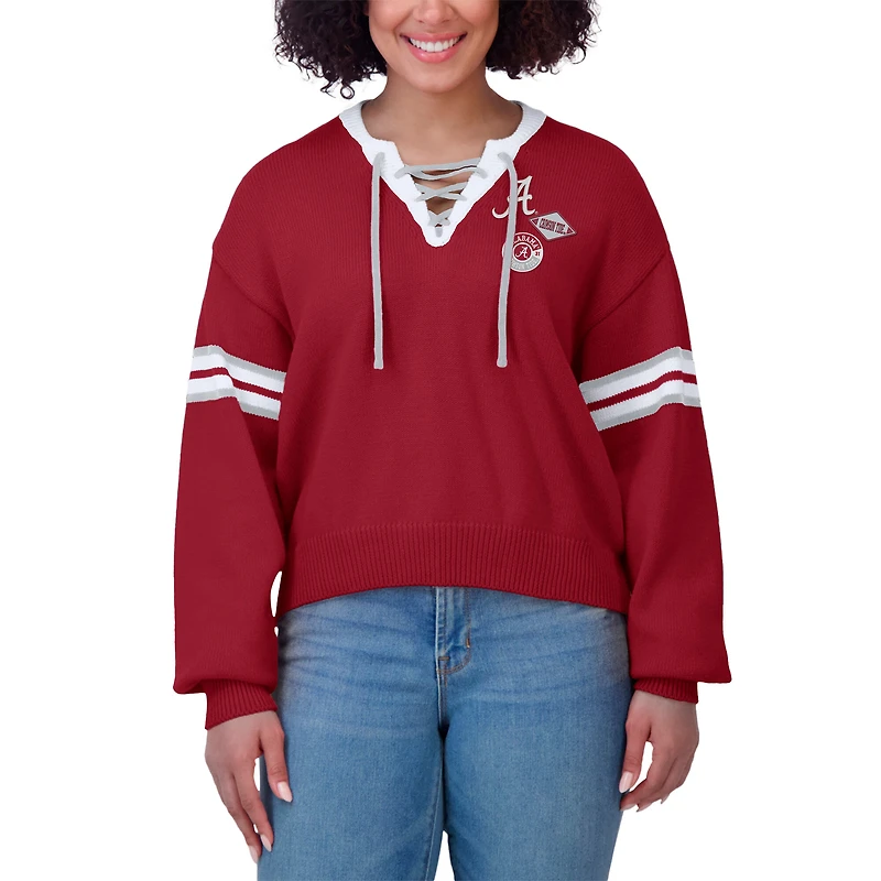 Women's WEAR by Erin Andrews Crimson Alabama Tide Lace-Up Pullover Sweater