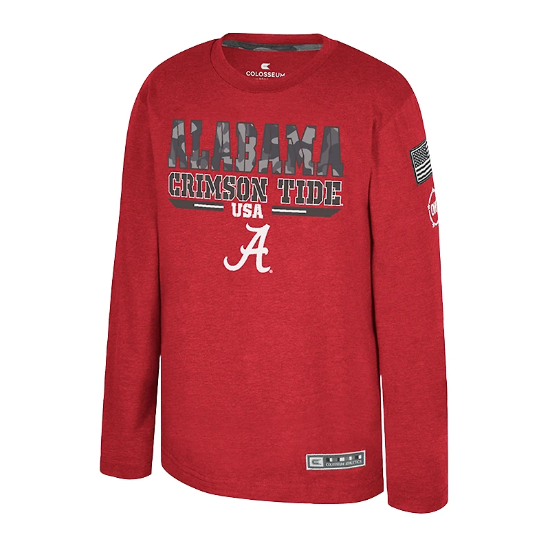 T-shirt à manches longues Oorah d'appréciation militaire de l'OHT du Colisée la jeunesse Heather Crimson Alabama Tide