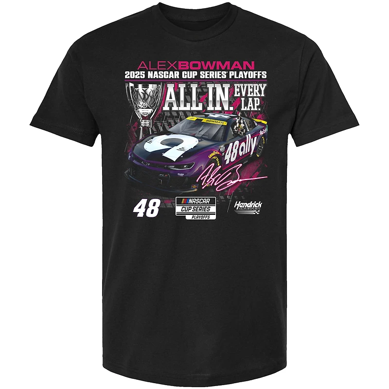 T-shirt noir à damier pour homme Alex Bowman, Ally, Series éliminatoires NASCAR Cup 2025