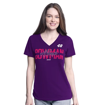 T-shirt col en V violet G-III 4Her de Carl Banks pour femme avec inscription Alex Bowman Batter Up