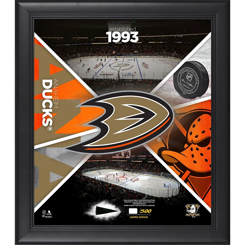 Anaheim Ducks Collage d'impact d'équipe encadré 15" x 17" avec un morceau de rondelle utilisée par le jeu - Édition limitée à 500