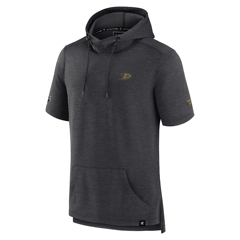 Men's Fanatics Heather Charcoal Anaheim Ducks Authentic Pro Short Sleeve Pullover Hoodie