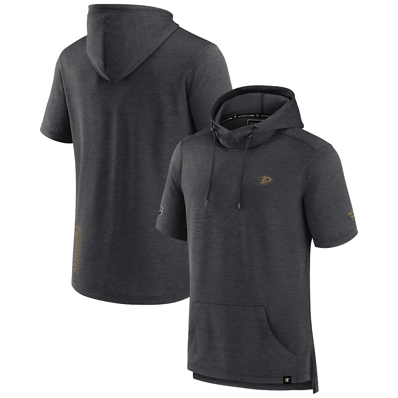 Men's Fanatics Heather Charcoal Anaheim Ducks Authentic Pro Short Sleeve Pullover Hoodie