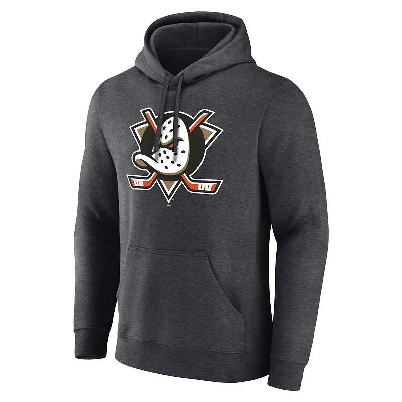 Men's Fanatics Heather Charcoal Anaheim Ducks Primary Logo Fleece Pullover Hoodie