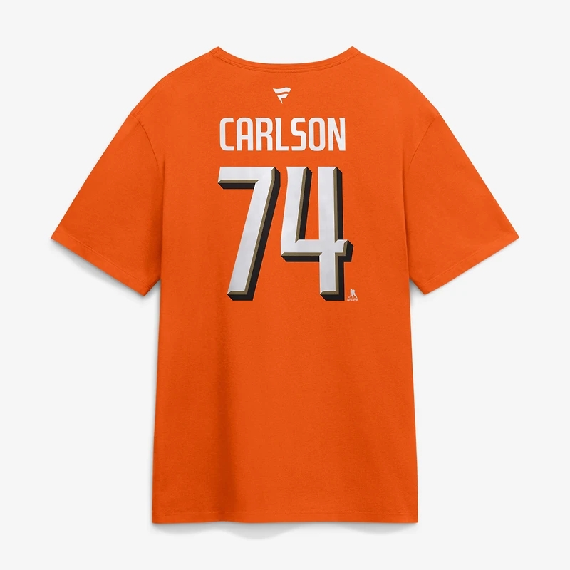 T-shirt authentique Fanatics John Carlson orange Anaheim Ducks pour homme, avec nom et numéro superposés