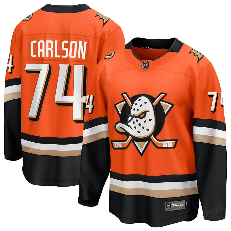 Maillot domicile orange des Ducks d'Anaheim, modèle Breakaway, pour homme, de John Carlson (Fanatics).