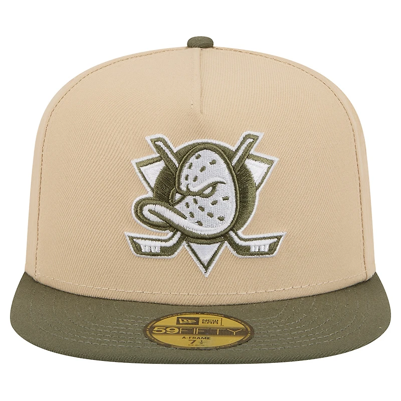 Men's New Era Tan/Olive Anaheim Ducks Color Pack Two-Tone 59FIFTY A-Frame Fitted Hat