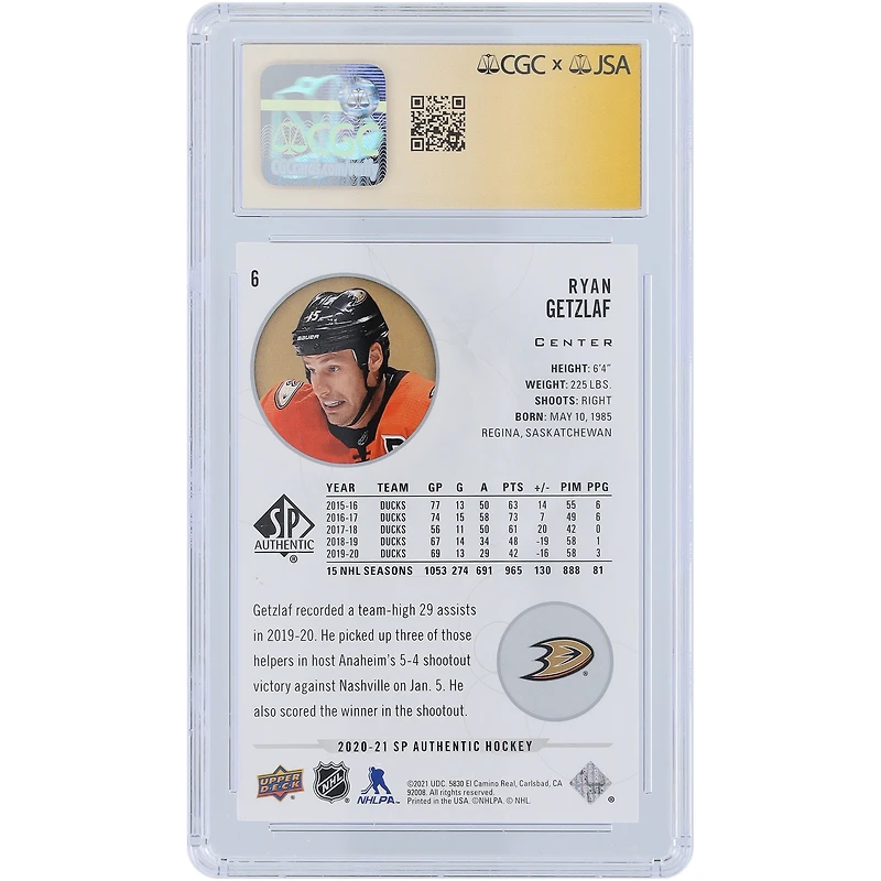 Ryan Getzlaf Anaheim Ducks Autographié 2020-21 Upper Deck SP Authentic #6 CGC Fanatics Witnessed Authenticated Card