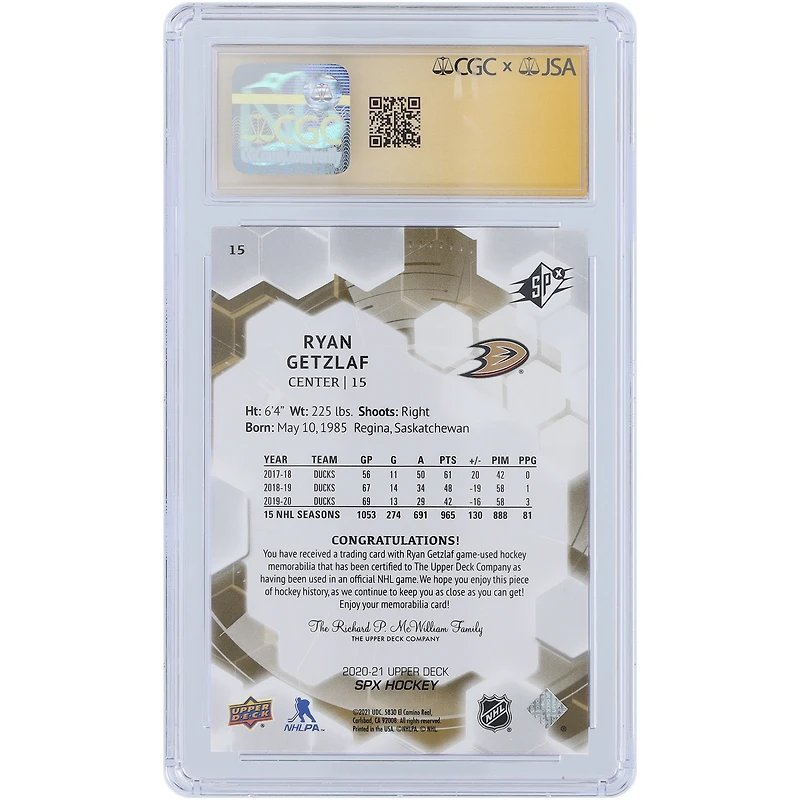 Ryan Getzlaf Anaheim Ducks Autographed 2020-21 Upper Deck SPX Relic #15 CGC Fanatics Witnessed Authenticated Auto 10 Card