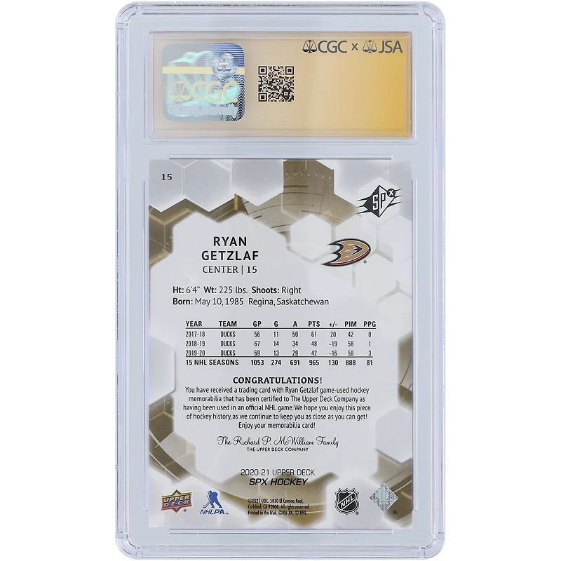 Ryan Getzlaf Anaheim Ducks Autographed 2020-21 Upper Deck SPX Relic #15 CGC Fanatics Witnessed Authenticated Card