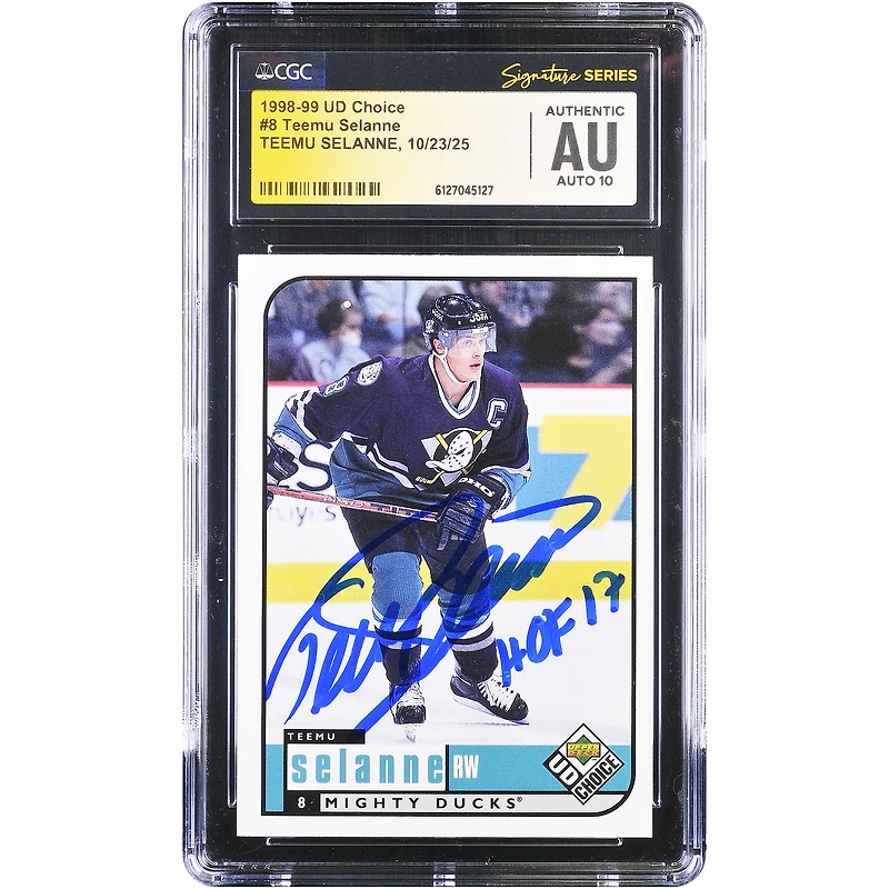 Teemu Selanne Anaheim Ducks Autographed 1998-99 Upper Deck Choice #8 CGC Fanatics Witnessed Authenticated Auto 10 Card with "HOF 17" Inscription