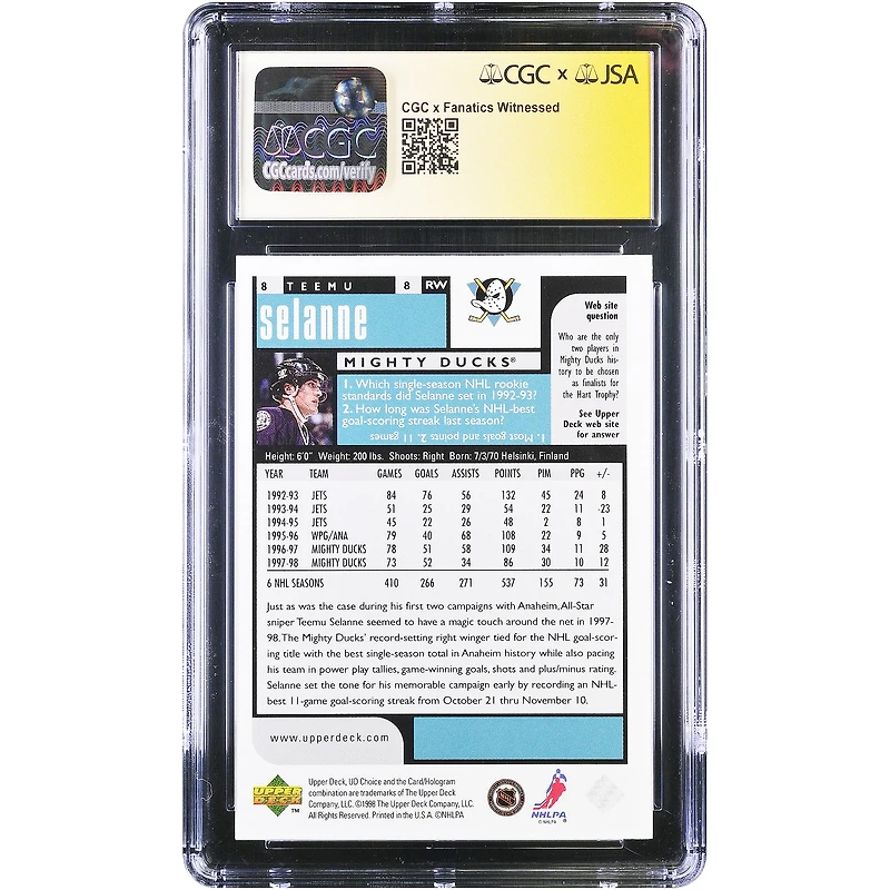 Teemu Selanne Anaheim Ducks Autographed 1998-99 Upper Deck Choice #8 CGC Fanatics Witnessed Authenticated Auto 10 Card with "HOF 17" Inscription