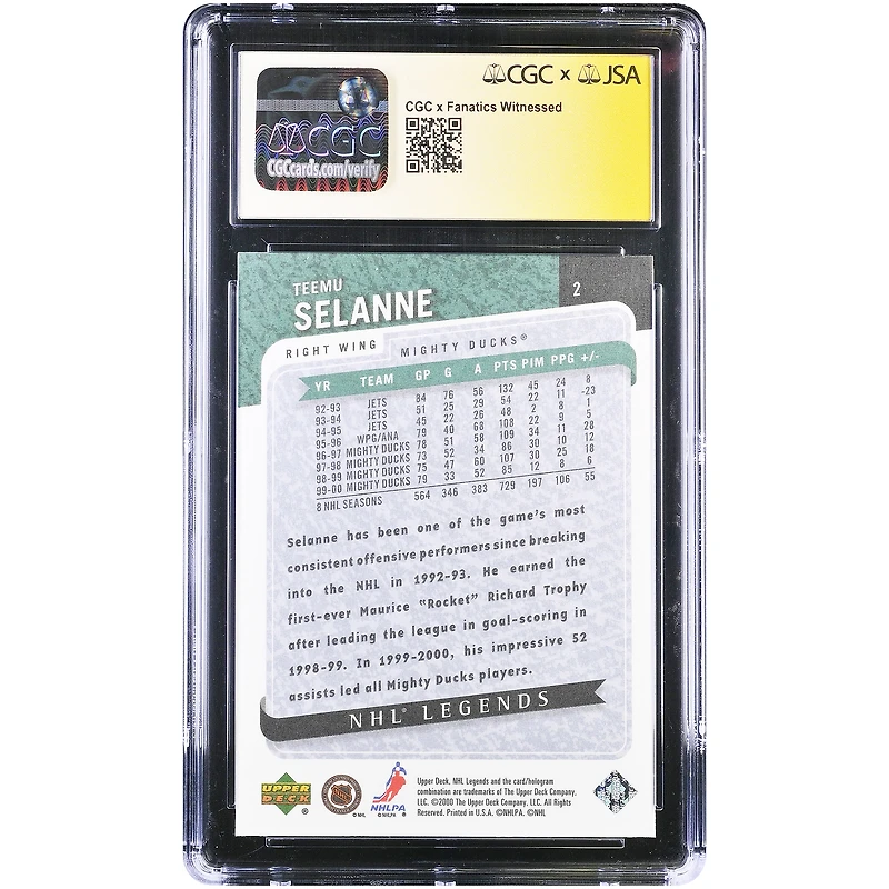Carte autographiée Teemu Selanne des Ducks d'Anaheim, saison 2000-2001, Upper Deck Legends n° 2, authentifiée par Fanatics Witnessed (CGC).