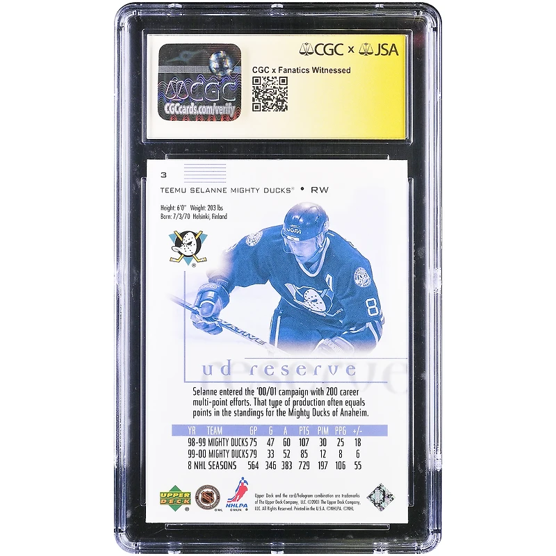 Teemu Selanne Anaheim Ducks Autographed 2000-01 Upper Deck Reserve #3 CGC Fanatics Witnessed Authenticated Auto 10 Card