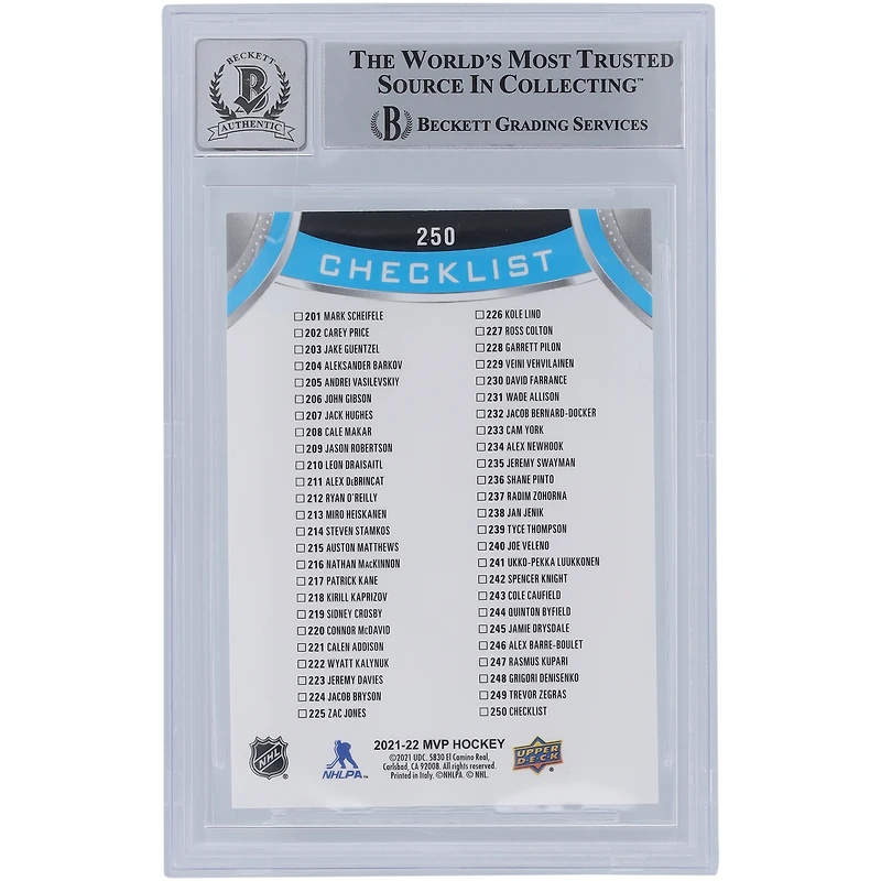 Carte de recrue 10 authentifiée signée Trevor Zegras des Ducks d'Anaheim, MVP Upper Deck 2021-22 #250 de Beckett Fanatics