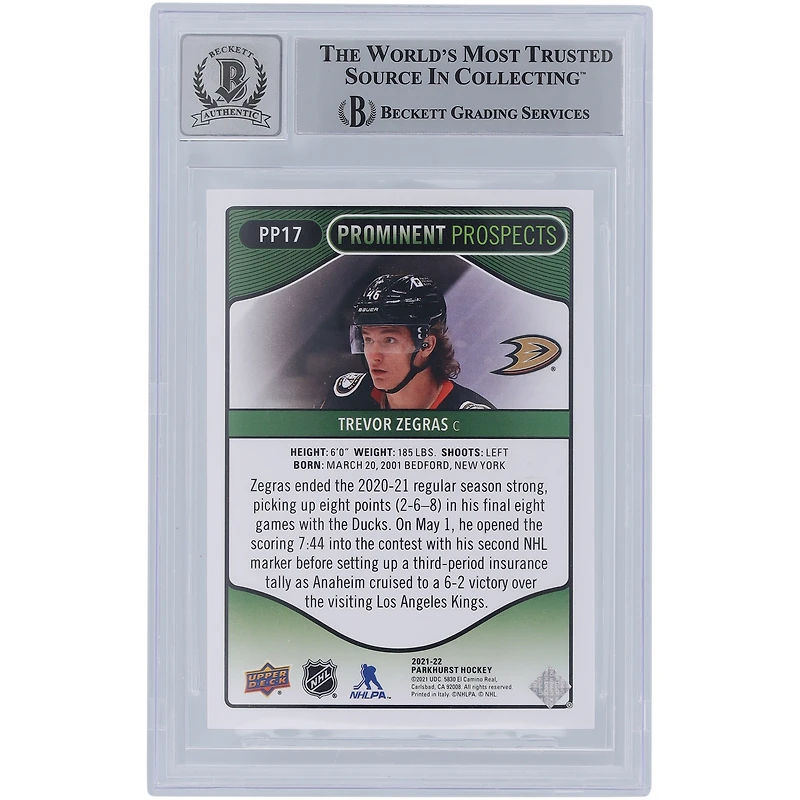 Trevor Zegras Anaheim Ducks a autographié la carte de recrue numéro 10 de Beckett #PP17 2021-22 Upper Deck Parkhurst Prominent Prospects autographiée par les fanatiques d'Upper Deck Parkhurst avec l'inscription "2019 #9 Pick"