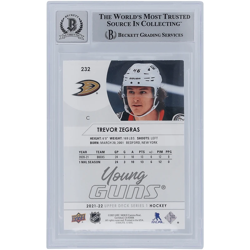 Carte de recrue numéro 10 autographiée par Trevor Zegras des Ducks d'Anaheim 2021-22 Upper Deck Series 1 Young Guns #232 Beckett Fanatics Witnessed Authenticated avec l'inscription "2019 #9 Pick"