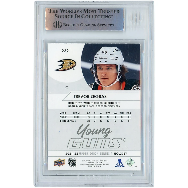 Carte de recrue authentifiée signée Trevor Zegras des Ducks d'Anaheim 2021-22 Upper Deck Young Guns #232 Beckett Fanatics