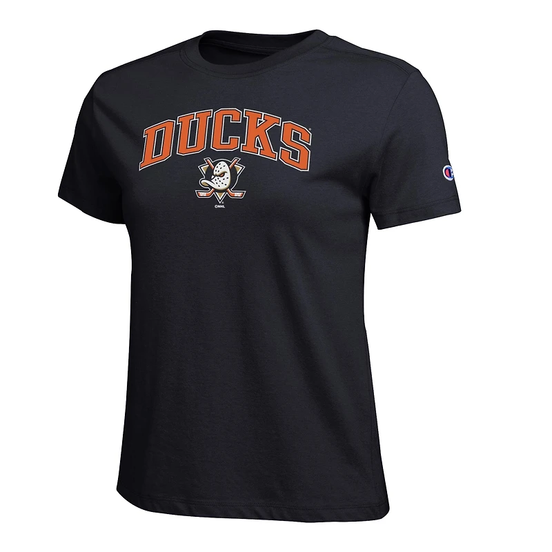 T-shirt noir Champion pour femmes avec logo de la mascotte des Ducks d'Anaheim en forme d'arche