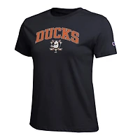 T-shirt noir Champion pour femmes avec logo de la mascotte des Ducks d'Anaheim en forme d'arche