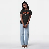 T-shirt noir Champion pour femmes avec logo de la mascotte des Ducks d'Anaheim en forme d'arche