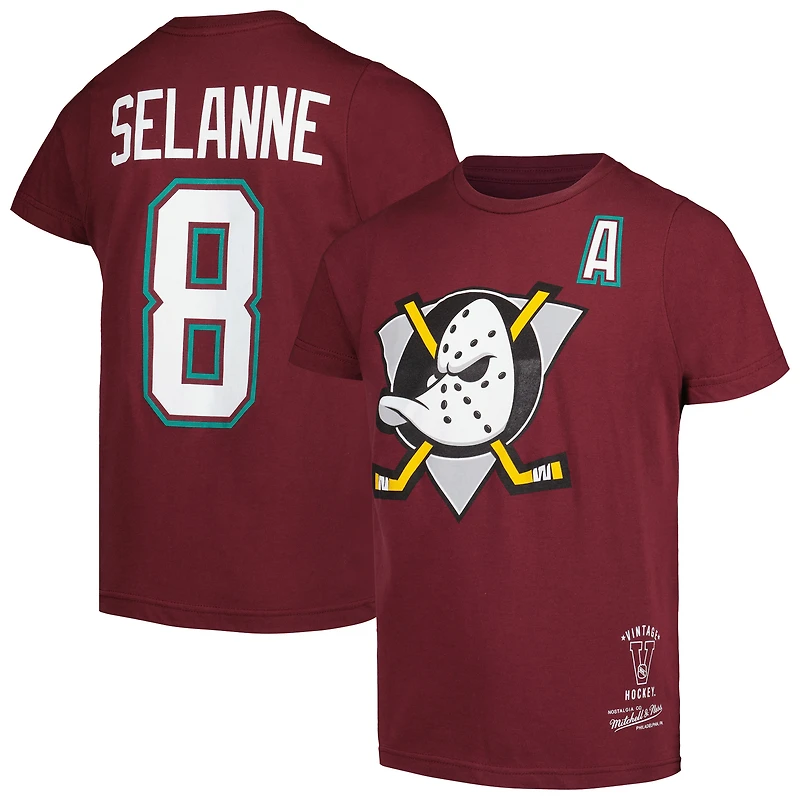T-shirt avec nom et numéro des Ducks d'Anaheim Mitchell & Ness Teemu Selanne Garnet pour jeunes
