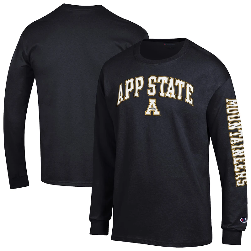 T-shirt à manches longues noir pour homme, champion des Appalachian State Mountaineers, avec logo Arch Over et 2 coups