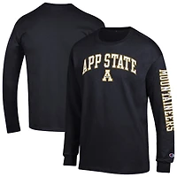 T-shirt à manches longues noir pour homme, champion des Appalachian State Mountaineers, avec logo Arch Over et 2 coups