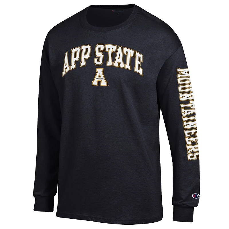 T-shirt à manches longues noir pour homme, champion des Appalachian State Mountaineers, avec logo Arch Over et 2 coups