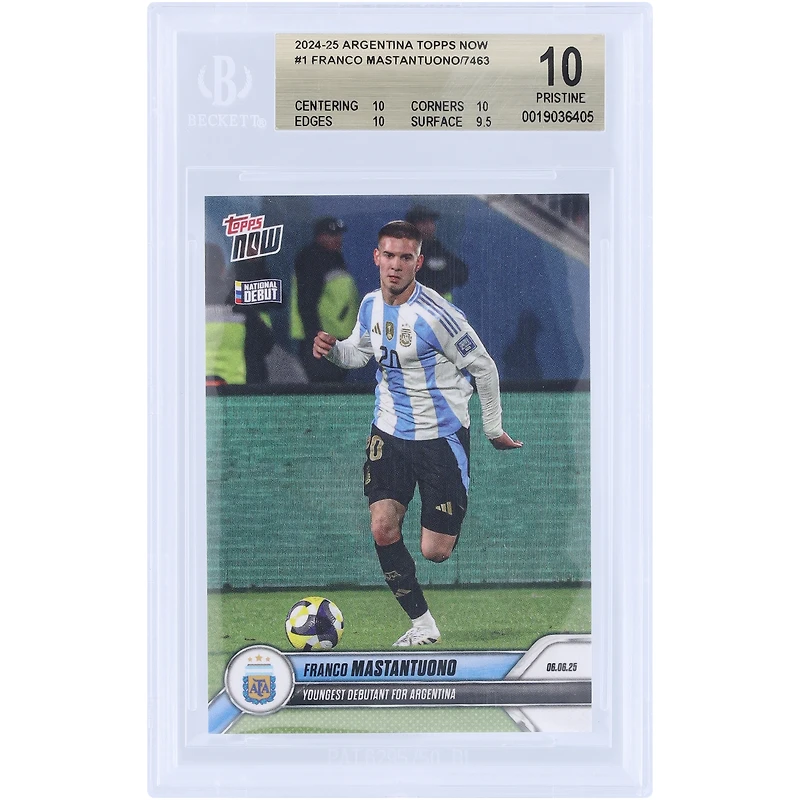 Franco Mastantuono, équipe nationale d'Argentine 2024-25, Topps Now, plus jeune débutant pour l'Argentine, carte n° 1 authentifiée par BGS (10 cartes) - Sous-notes : 10, 10, 10, 9,5
