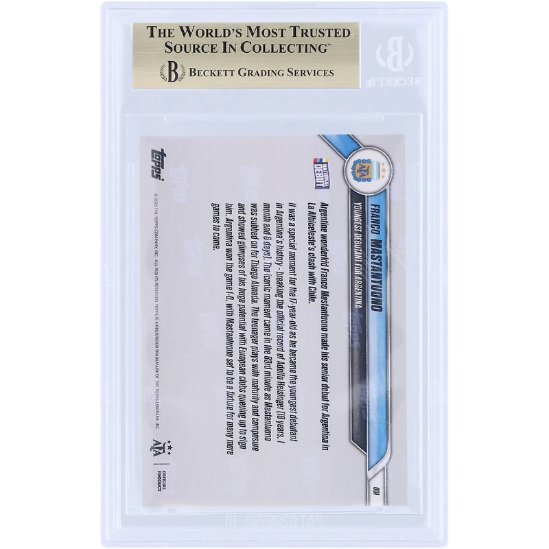 Carte Topps Now n° 1 de Franco Mastantuono, équipe nationale d'Argentine, saison 2024-2025. Plus jeune joueur à faire ses débuts en équipe nationale d'Argentine. Authentifiée BGS 9.5.
