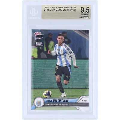Carte Topps Now n° 1 de Franco Mastantuono, équipe nationale d'Argentine, saison 2024-2025. Plus jeune joueur à faire ses débuts en équipe nationale d'Argentine. Authentifiée BGS 9.5.