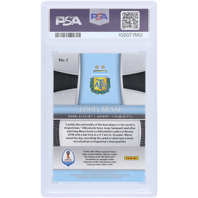 Carte Panini Prizm n° 1 de la Coupe du monde de Russie 2018 autographiée par Lionel Messi, équipe nationale argentine, PSA, authentifiée, Mint 9
