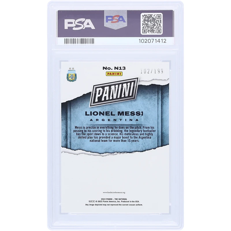 Lionel Messi Argentina National Team Autographed 2022 Panini National Orange #N13 #/199 PSA Authenticated 9/10 Card