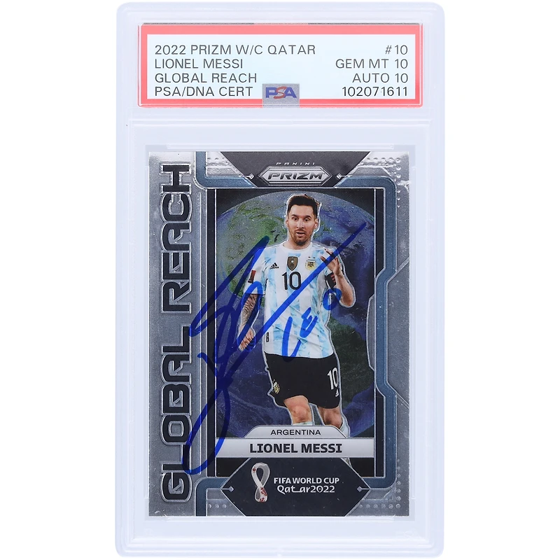 Lionel Messi Argentina National Team Autographed 2022 Panini Prizm WC Qatar Global Reach #10 PSA Authenticated 10/10 Card