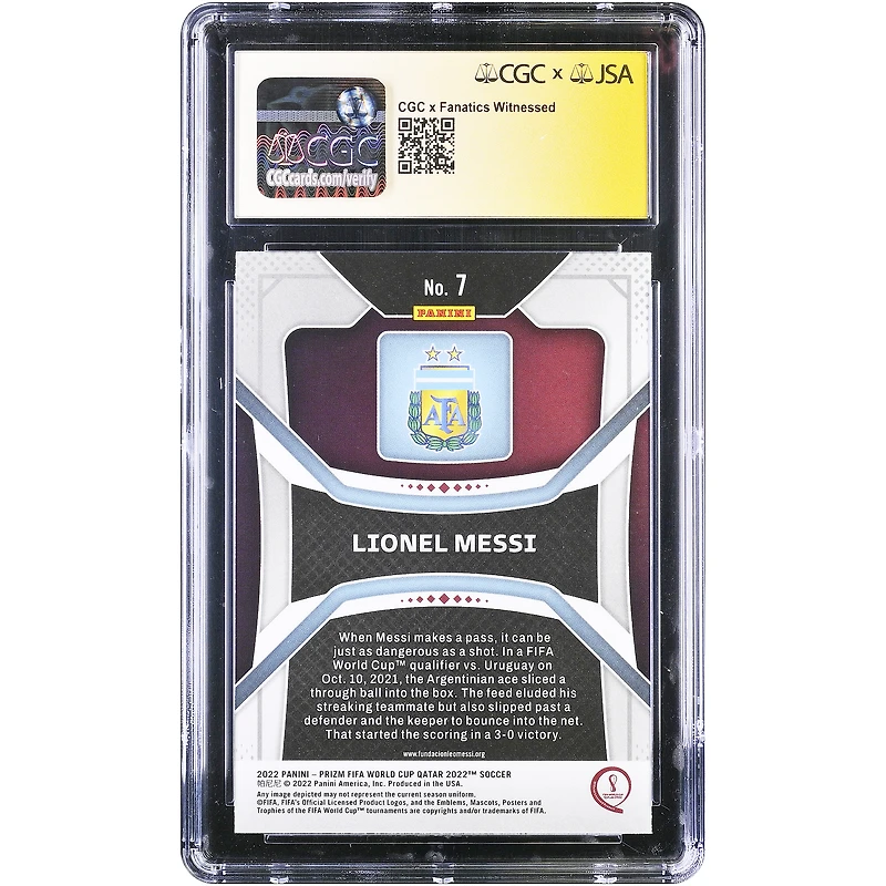 Carte autographiée de Lionel Messi (équipe nationale d'Argentine) - Panini Prizm Coupe du Monde Qatar 2022 n°7 - Authentifiée par Fanatics Witnessed (CGC) - 10/10